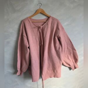Bow Tie Front Lightweight Cardigan Sweaters Women V Neck Pink 3XL